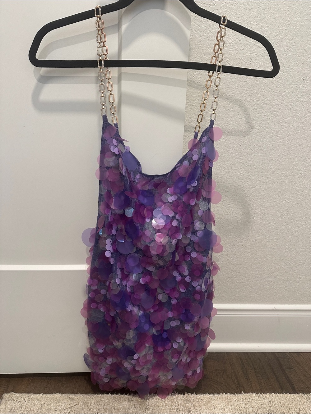 naked wardrobe Purple & Pink Sequin Mini Dress with Gold Chain Straps